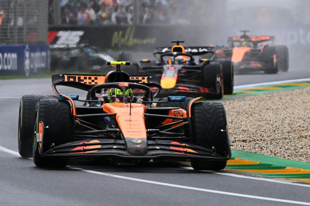 Lando Norris leading Max Verstappen at the 2025 Australian Grand Prix.