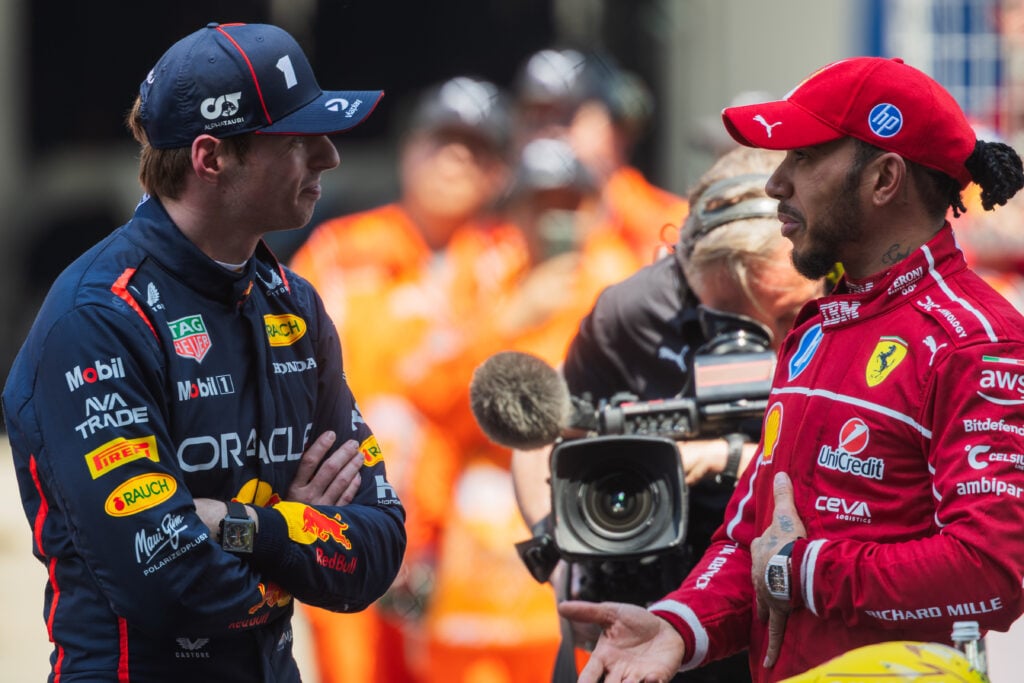 Lewis Hamilton and Max Verstappen seen during the sprint