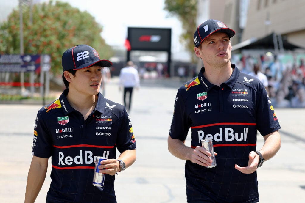 Max Verstappen and Yuki Tsunoda of Red Bull Racimg at the 2025 Bahrain Grand Prix