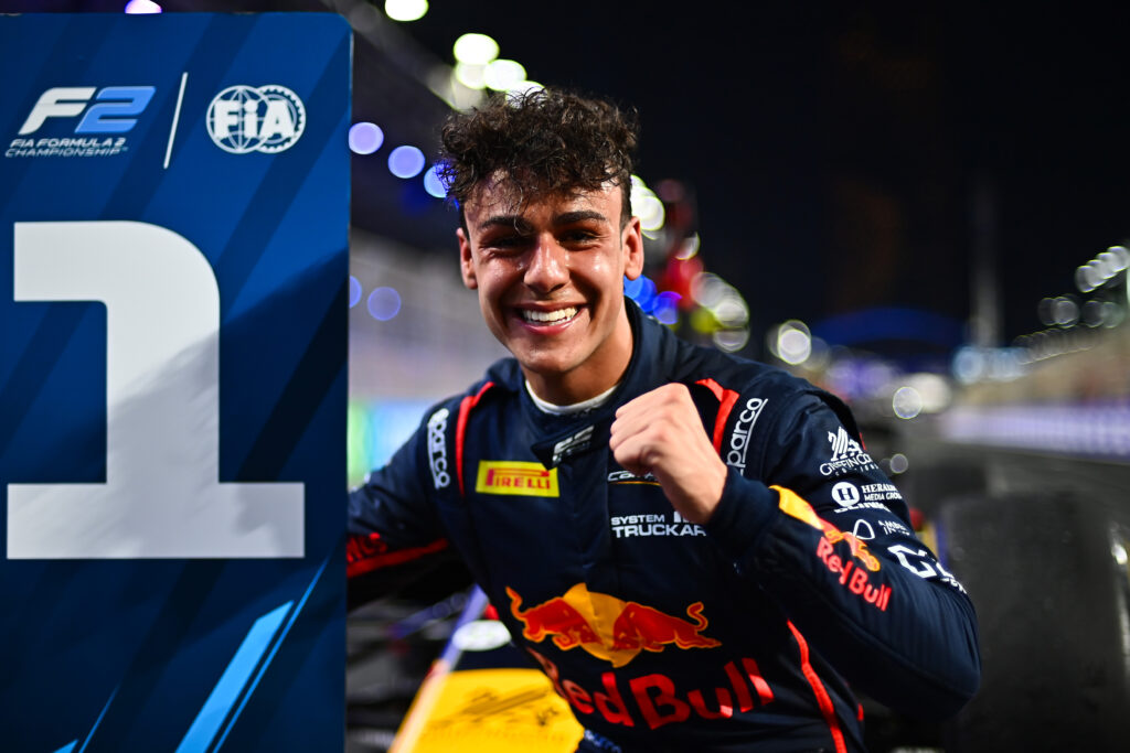Arvid Lindblad celebrates victory in the F2 Sprint Race in Jeddah