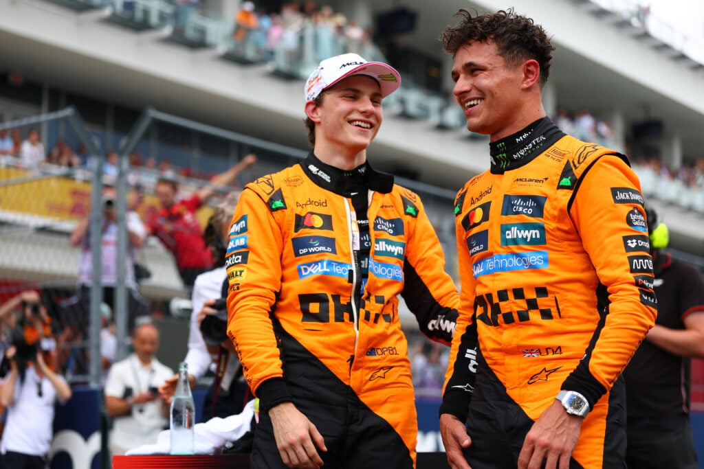 McLaren drivers Oscar Piastri and Lando Norris talk after the F1 Sprint at the 2025 Miami Grand Prix