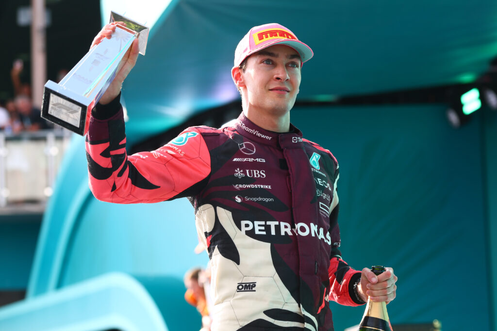 Mercedes driver George Russell celebrates his P3 in the 2025 F1 Miami Grand Prix