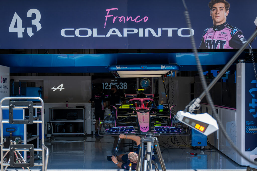 Alpine mechanics prepare Franco Colapinto's car at Imola ahead of the 2025 Emilia Romagna Grand Prix