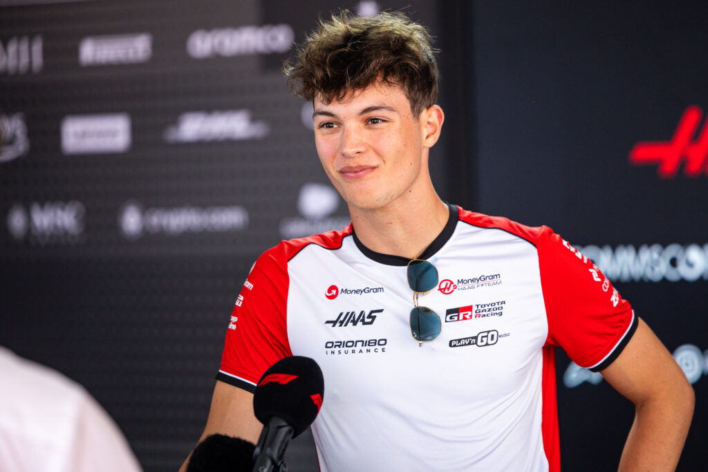 Haas driver Oliver Bearman speaks to the media ahead of the 2025 F1 Emilia Romagna GP at Imola