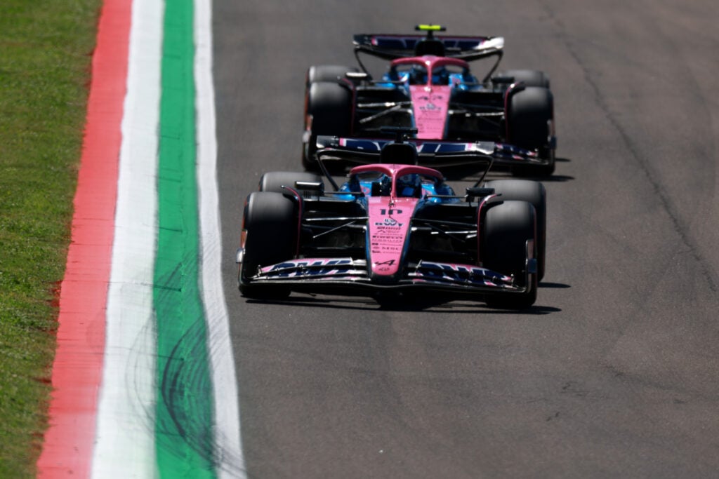 Alpine drivers Franco Colapinto and Pierre Gasly on track during practice for the 2025 F1 Emilia Romagna Grand Prix at Imola