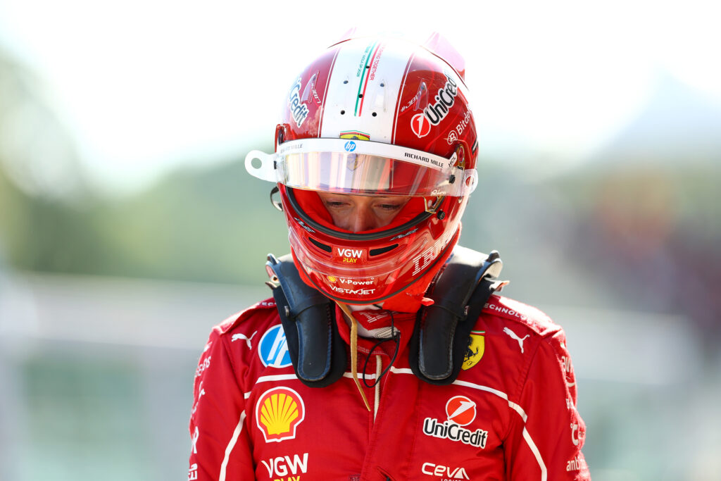 Ferrari driver Charles Leclerc looking disappointed after qualifying at the 2025 Emilia Romagna Grand Prix