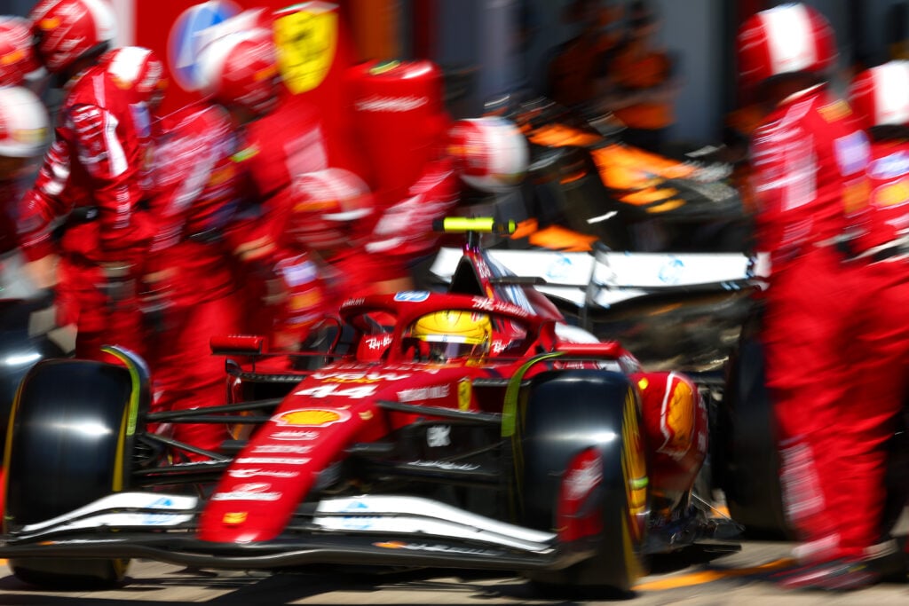 Ferrari driver Lewis Hamilton makes a pit stop during the 2025 F1 Emilia Romagna Grand Prix at Imola