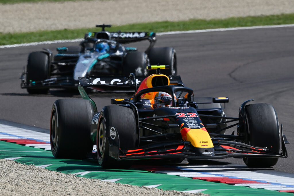 Red Bull Racing driver Yuki Tsunoda driving at the 2025 Emilia Romagna Grand Prix
