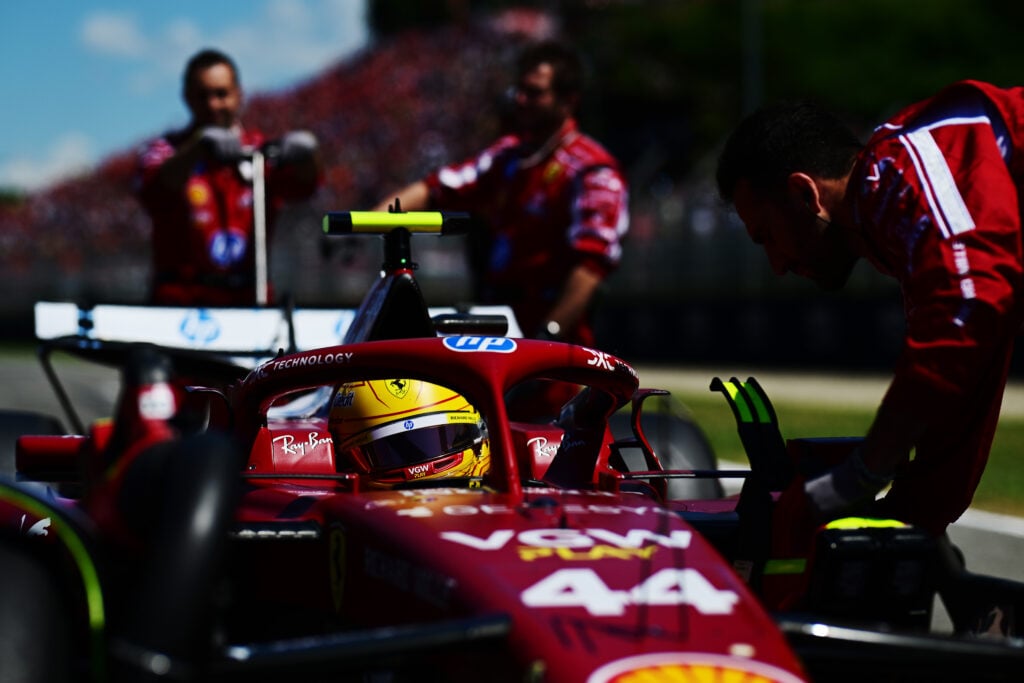 Ferrari driver Lewis Hamilton sitting on the grid ahead of the 2025 Emilia Romagna Grand Prix