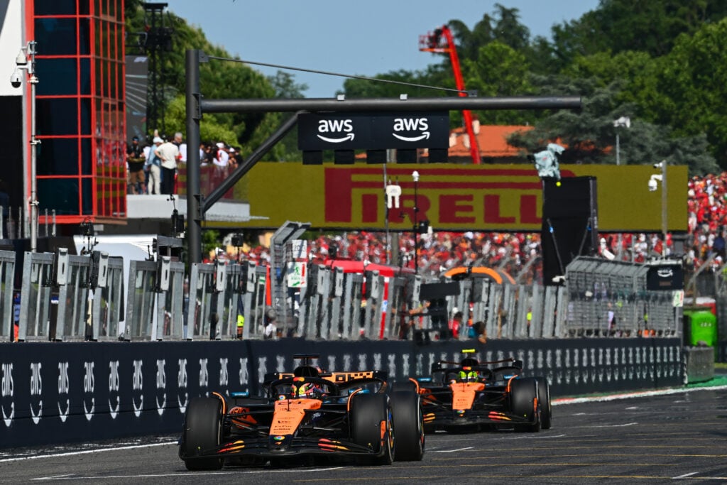 McLaren drivers Oscar Piastri and Lando Norris on track during the 2025 F1 Emilia Romagna Grand Prix at Imola