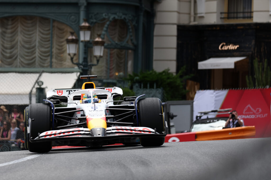 Isack Hadjar of Racing Bulls Formula One Team on track at Monaco Grand Prix.