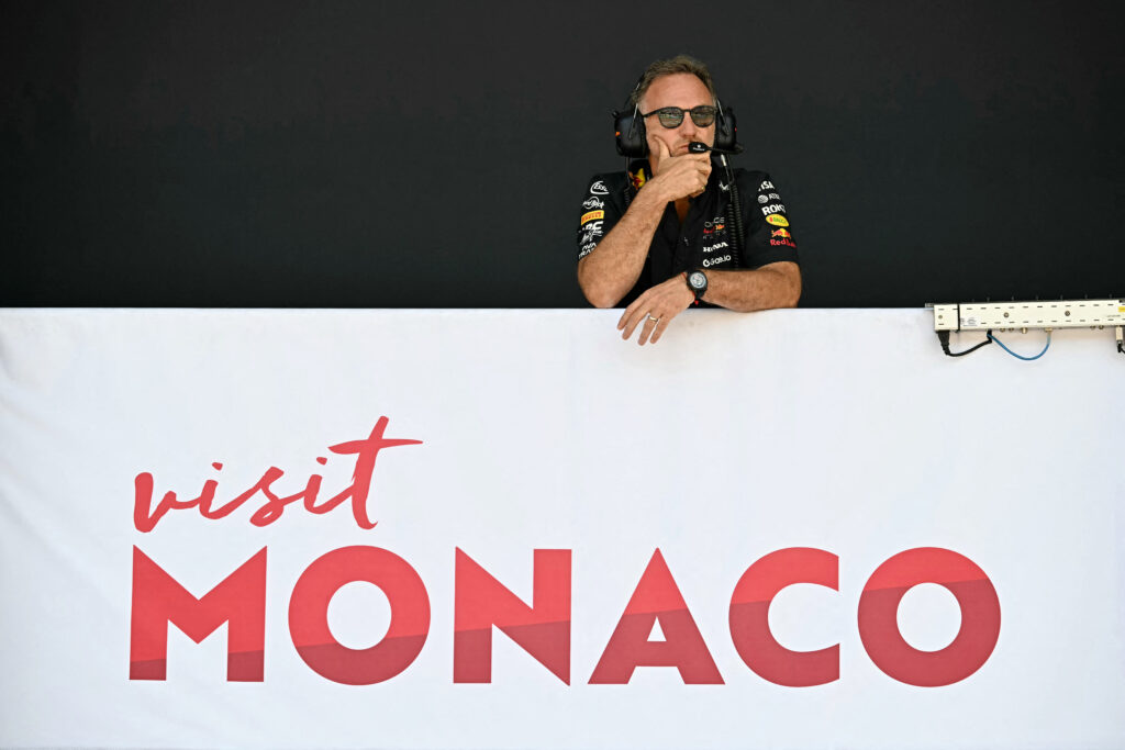 Red Bull Racing team principal Christian Horner watching on at the 2025 Monaco Grand Prix