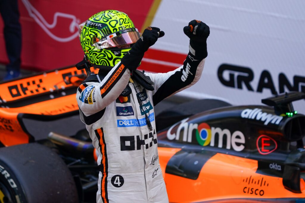McLaren driver Lando Norris celebrating after winning the 2025 Monaco Grand Prix