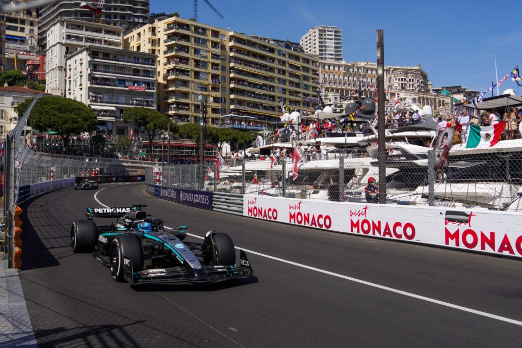 Mercedes driver George Russell on track during the 2025 F1 Monaco Grand Prix