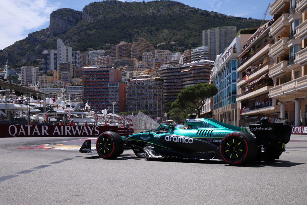 Fernando Alonso of Aston Martin on track during the 2025 F1 Monaco Grand Prix