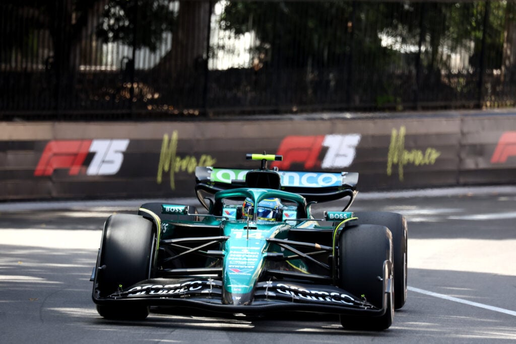 Fernando Alonso of Aston Martin on track during the 2025 Monaco Grand Prix