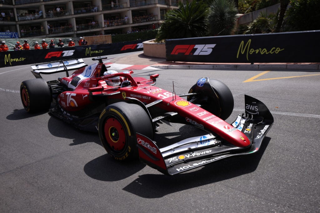 Ferrari driver Charles Leclerc racing at the 2025 Monaco Grand Prix