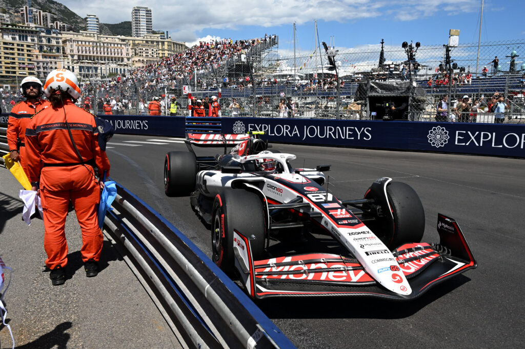 Haas driver Oliver Bearman on track during practice for the 2025 F1 Monaco Grand Prix