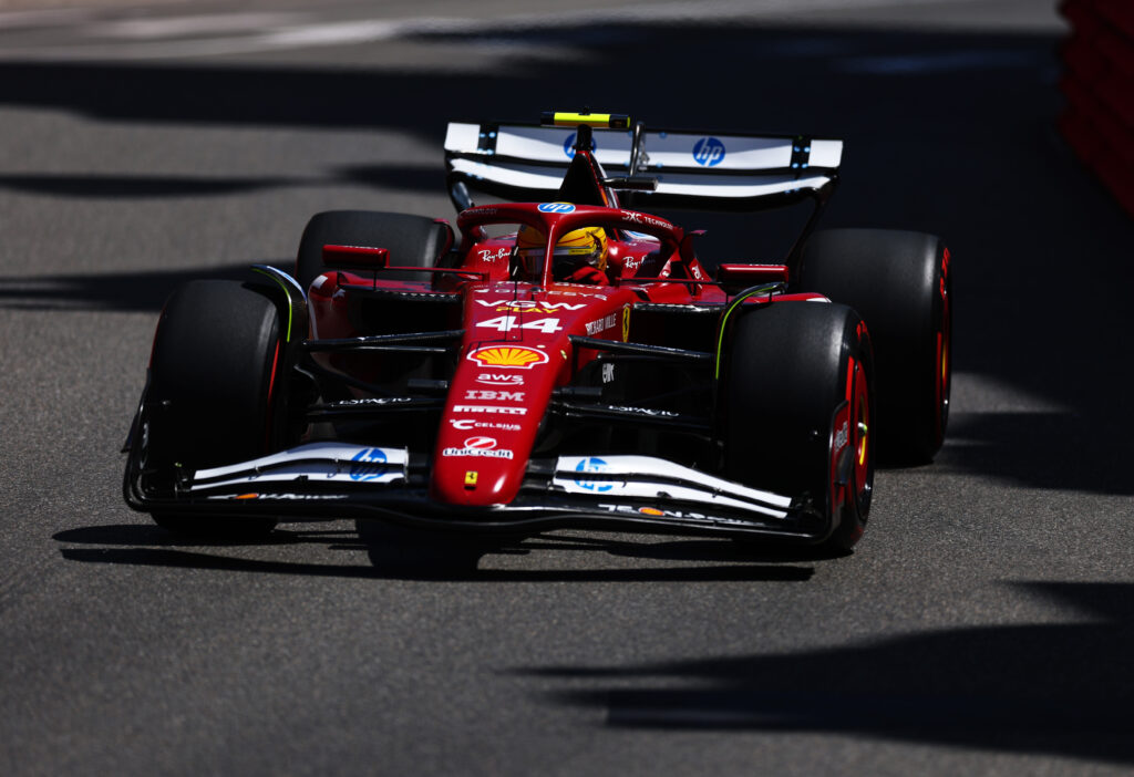 Ferrari driver Lewis Hamilton in action at the 2025 F1 Monaco Grand Prix