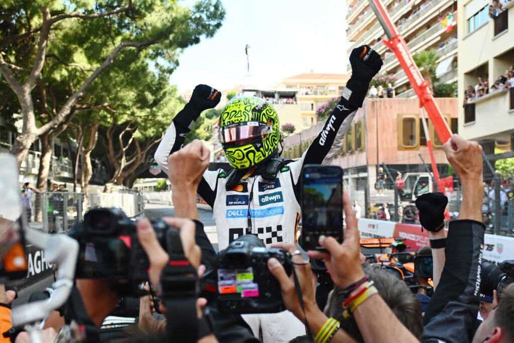Lando Norris celebrates after winning the 2025 Monaco Grand Prix