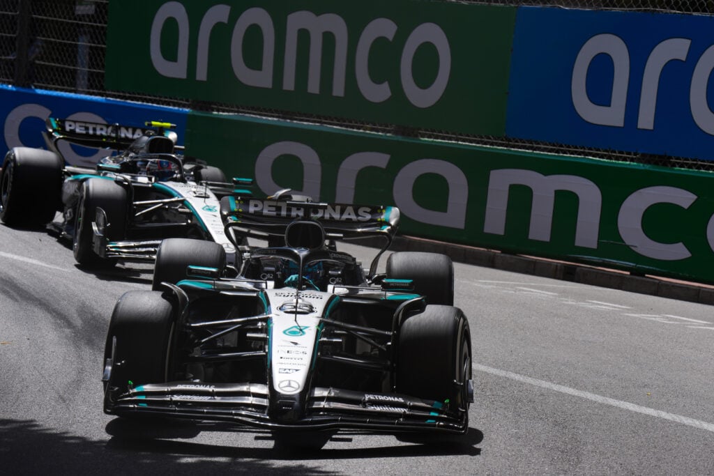 Mercedes drivers George Russell and Andrea Kimi Antonelli racing at the 2025 Monaco Grand Prix