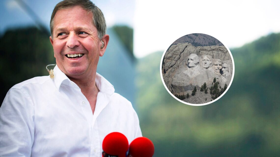 Martin Brundle (left) at the 2014 Austrian Grand Prix, inset, a picture of Mount Rushmore