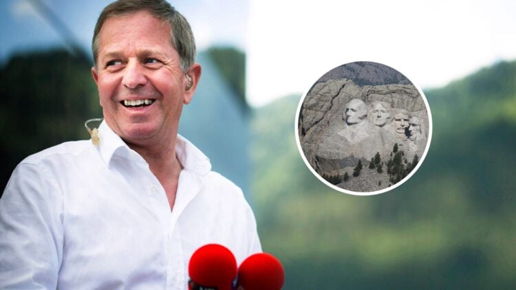 Martin Brundle (left) at the 2014 Austrian Grand Prix, inset, a picture of Mount Rushmore