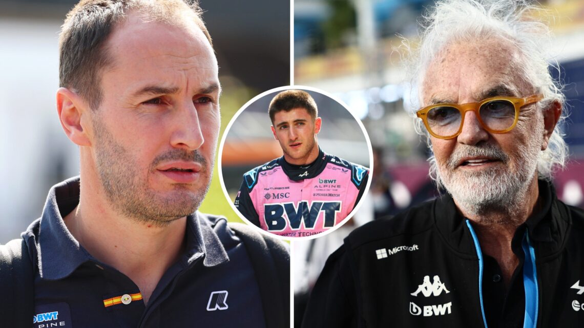 Split image of Alpine team principal Oliver Oakes and Flavio Briatore, inset Jack Doohan
