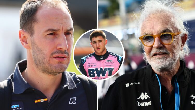Split image of Alpine team principal Oliver Oakes and Flavio Briatore, inset Jack Doohan