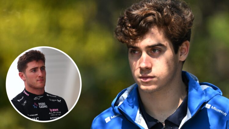 Alpine driver Franco Colapinto in the 2025 F1 Chinese Grand Prix paddock with an inset of Jack Doohan