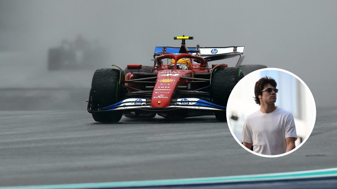 Inset of Lewis Hamilton driving for Ferrari in the wet with an inset of Aston Martin driver Lance Stroll