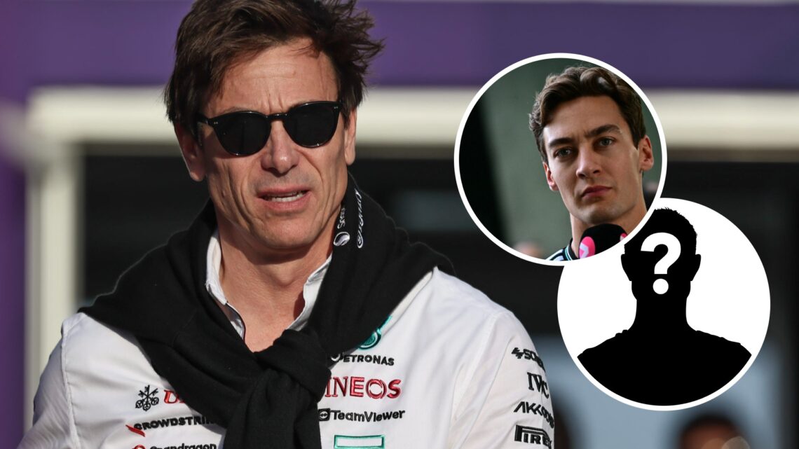 Image of Mercedes team principal Toto Wolff walking in the F1 paddock with insets of George Russell and a mystery driver