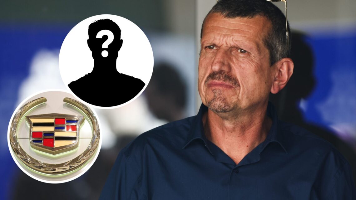 Former Haas team principal Guenther Steiner, insets Cadillac logo and Mystery driver