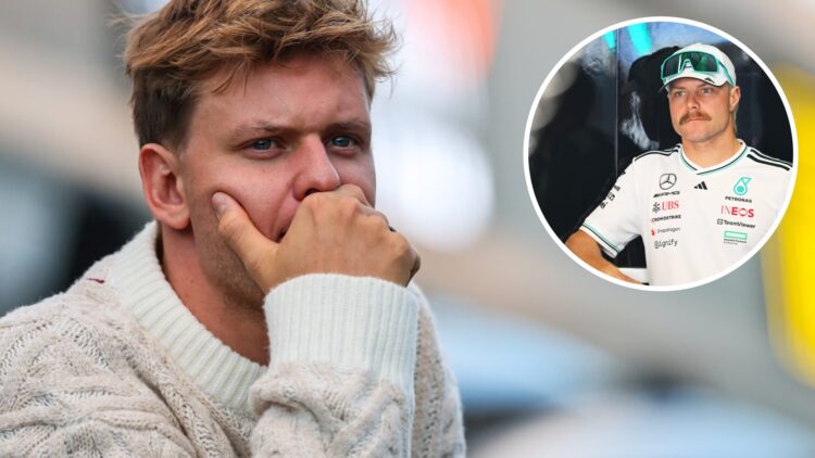 Mick Schumacher reacts in the pit lane with an inset of Mercedes F1 reserve driver Valtteri Bottas in the garage