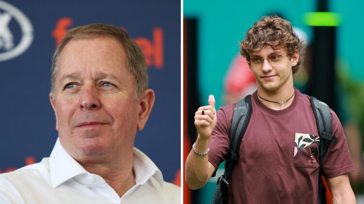 Martin Brundle (left) looking to the left of the camera, Andrea Kimi Antonelli (right) giving a thumbs up at the Miami Grand Prix
