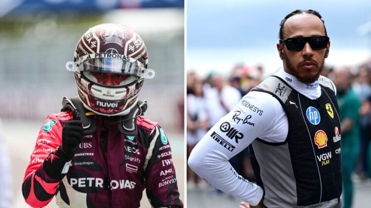 Andrea Kimi Antonelli (left) in his Mercedes race suit, Lewis Hamilton (right) wearing sunglasses on the Miami Grand Prix grid