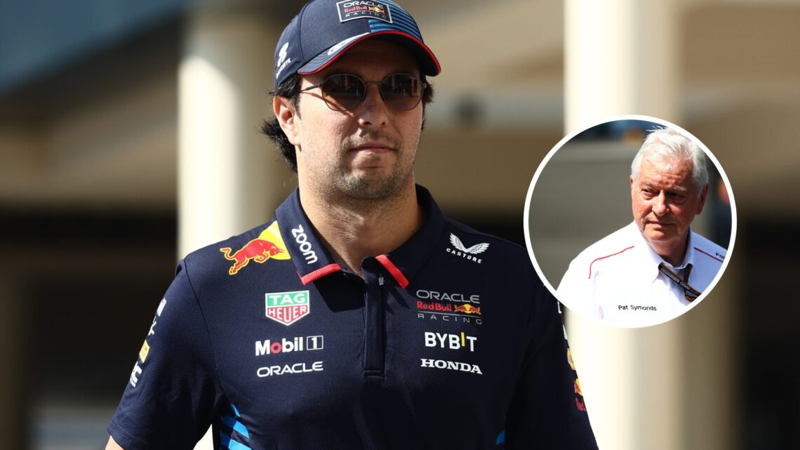 Image of former Red Bull driver Sergio Perez walking in the F1 paddock with an inset of Cadillac's Sergio Perez looking on
