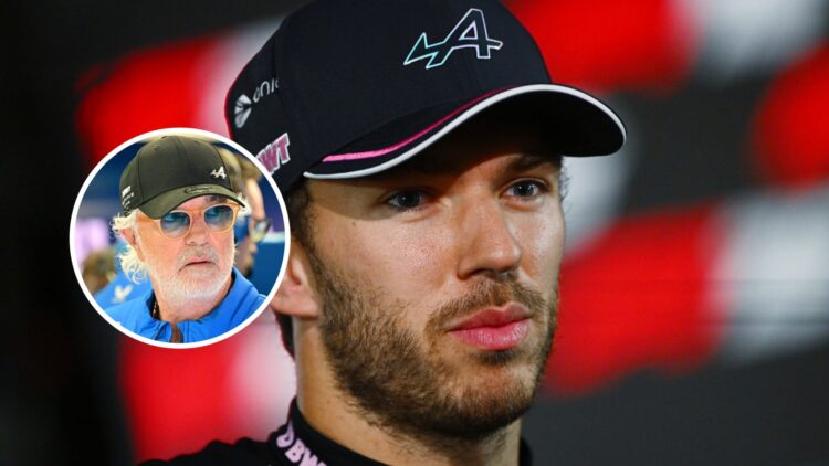 Pierre Gasly answers questions from F1 media. Inset: Flavio Briatore.