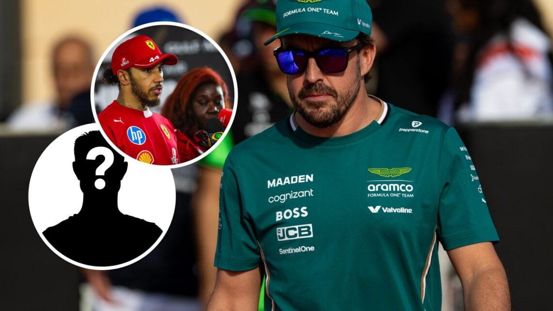 Fernando Alonso (right) walking through the Formula 1 paddock, inset, Lewis Hamilton taking part in an interview