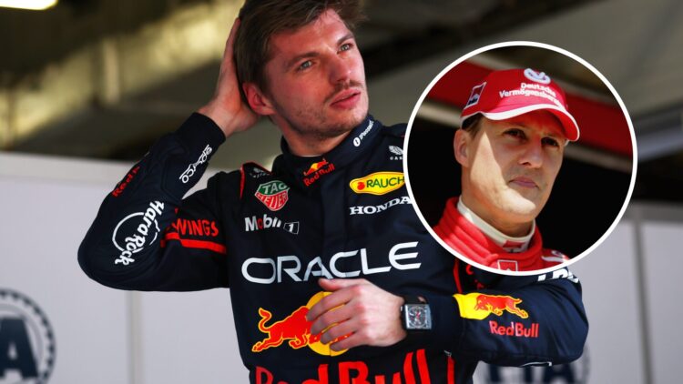 Max Verstappen (centre) at the Chinese Grand Prix, inset, Michael Schumacher, during the 2005 Formula 1 season