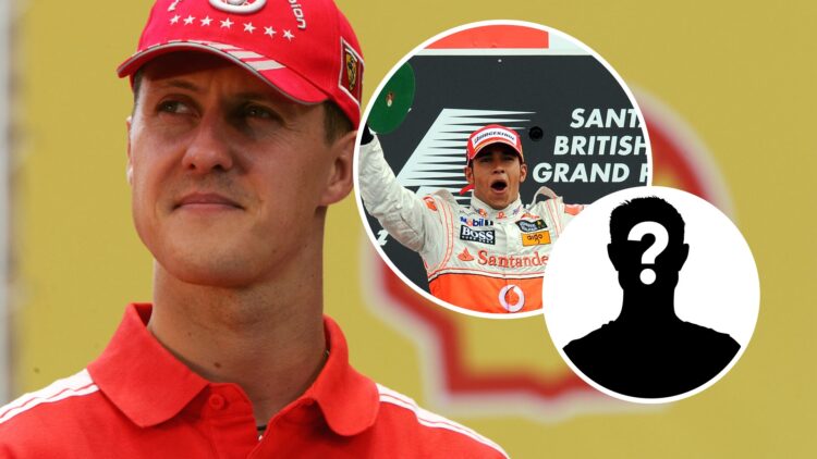 Michael Schumacher (left) looking to the left of the camera wearing a Ferrari shirt in 2004, inset, Lewis Hamilton celebrating during the 2008 Form...