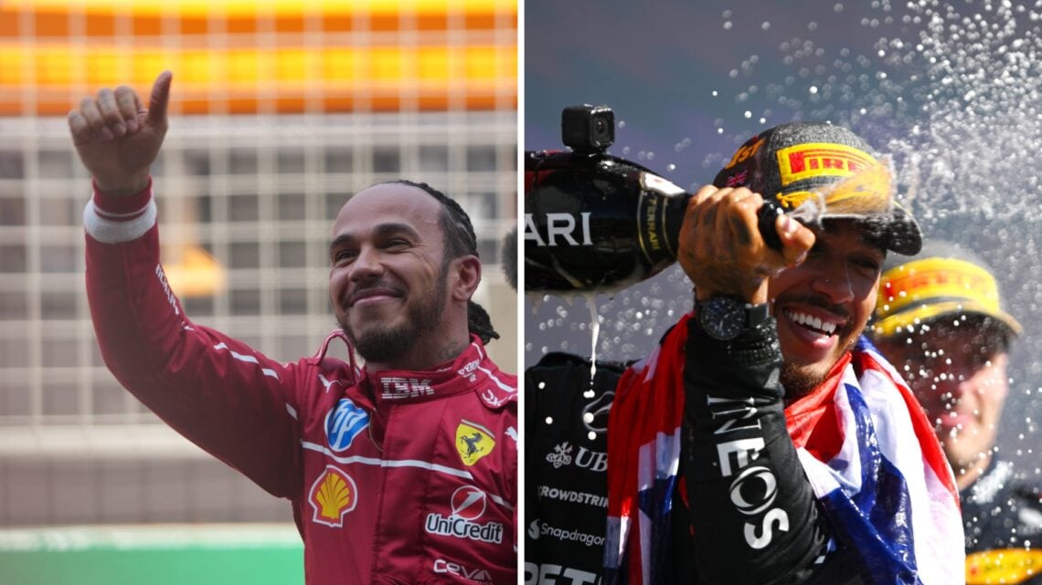 Split image of Formula 1 driver Lewis Hamilton celebrating (left) in Ferrari colours and (right) in Mercedes colours