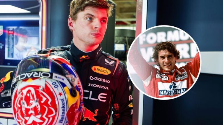 Max Verstappen prepares to enter his car for the Miami Grand Prix. Inset: Ayrton Senna.