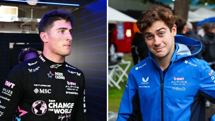 Alpine driver Jack Doohan walks through the FIA garage in Miami with an inset of Franco Colapinto in the F1 paddock in Australia