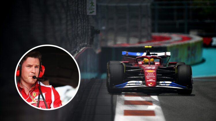 Lewis Hamilton at the 2025 Miami Grand Prix with an inset of Rob Smedley at Ferrari