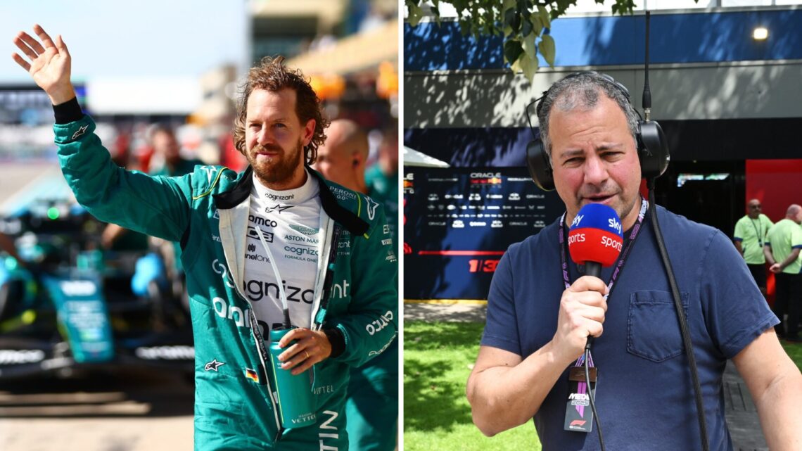 Sebastian Vettel (left) waving to the crowd while racing for Aston Martin, Ted Kravitz (left) holding a microphone at the 2025 Australian Grand Prix