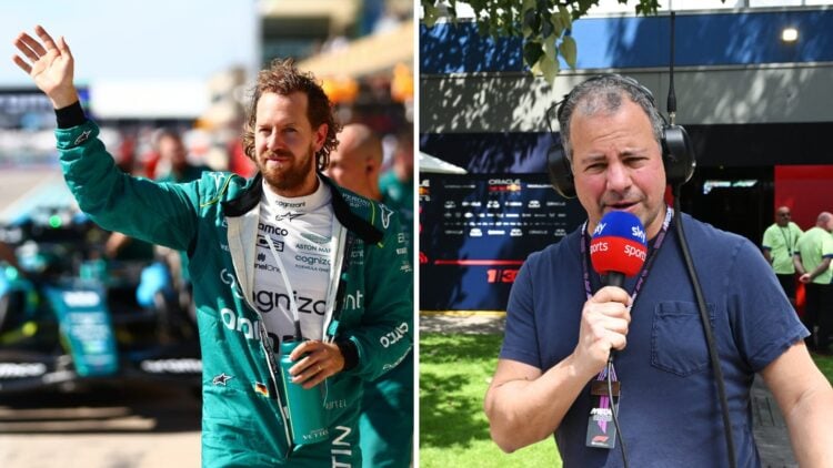 Sebastian Vettel (left) waving to the crowd while racing for Aston Martin, Ted Kravitz (left) holding a microphone at the 2025 Australian Grand Prix
