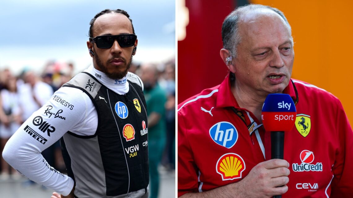 Split image of Ferrari driver Lewis Hamilton standing on the F1 grid and team boss Fred Vasseur in an interview