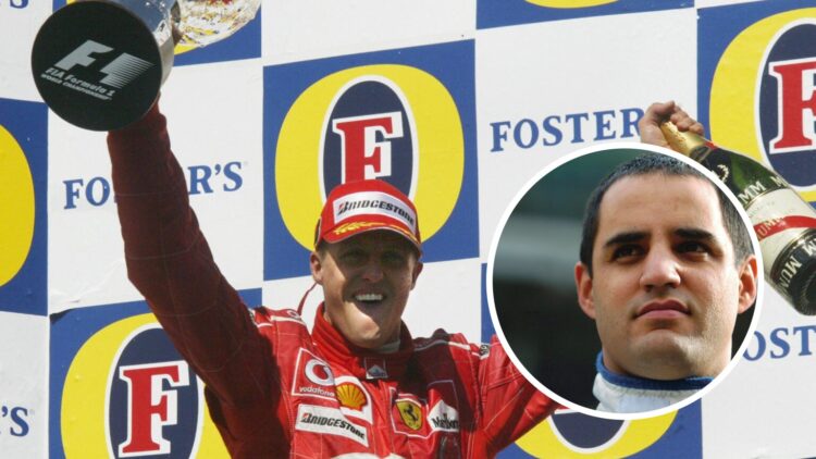 Michael Schumacher celebrates at the 2004 San Marino Grand Prix with an inset of Juan Pablo Montoya