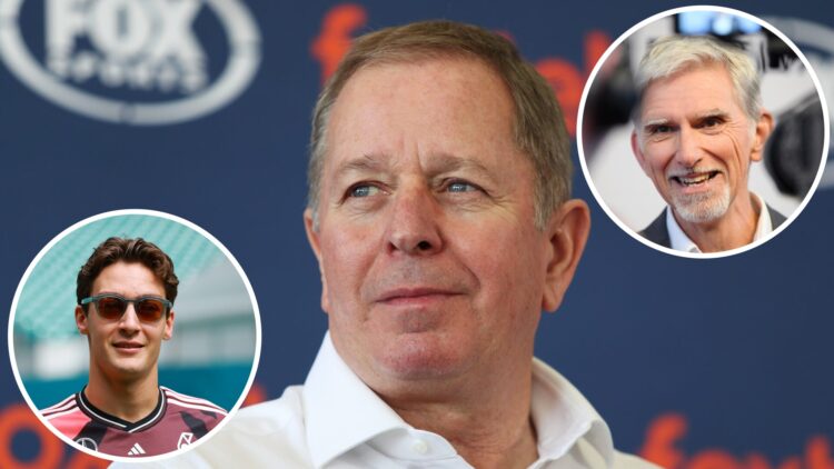 Sky Sports commentator Martin Brundle, insets George Russell at the 2025 Miami Grand Prix and Damon Hill